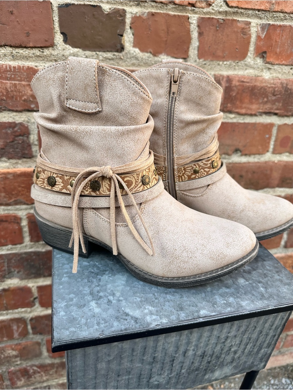 NEW Very G Taupe Suede-Look Ankle Boots with Embroidered Wrap